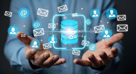 Automated digital communication delivery, hands interacting with a futuristic database interface, managing seamless information flow.