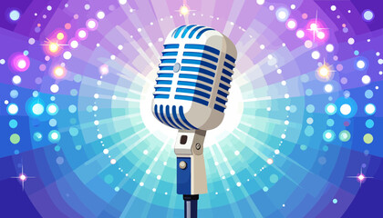 Vintage microphone on a vibrant stage background with shining lights.