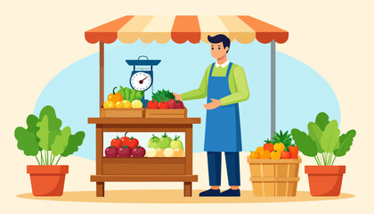 Vendor selling fresh produce at an outdoor market stall.