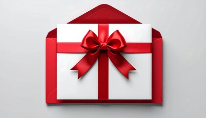 Gift card White box with a red ribbon in a red envelope on white background, top view, light source from top