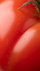 Extreme close-up macro shot of a vibrant red tomato skin with visible fine hairs and texture, highlighting its fresh surface.
