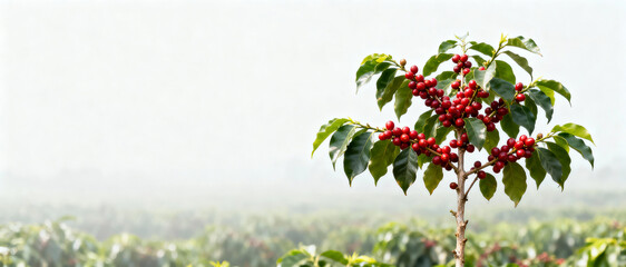 Coffee tree branch with clusters of ripe red cherries on a foggy plantation background.