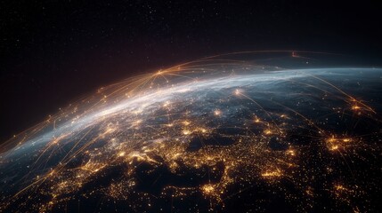 Glowing lines of connection overlay a nighttime Earth view from space, highlighting continents with city lights against a starry background
