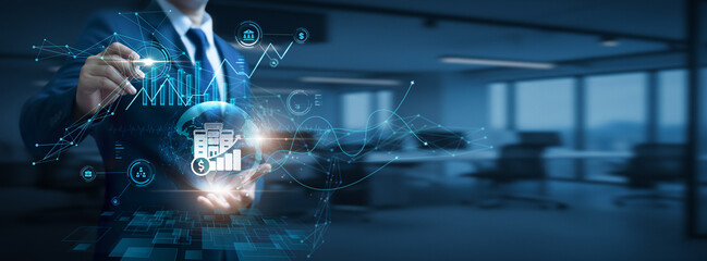 Fototapeta premium Businessman hand hold global Corporate Finance network and data, investment analysis, capital management, financial strategy planning, corporate funding systems