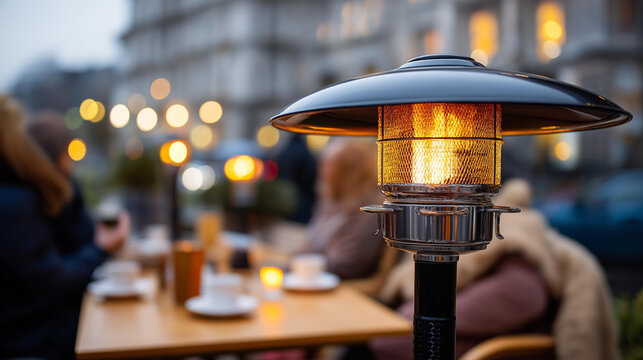 Modern outdoor patio heater glowing in evening heavily defocused background faceless people enjoying warm drinks under blanket cozy winter atmosphere with copy space