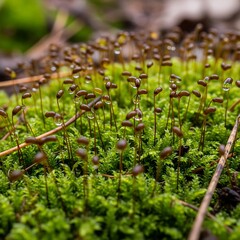 Close-up view of vibrant green moss with numerous brown sporophytes and tiny water droplets.