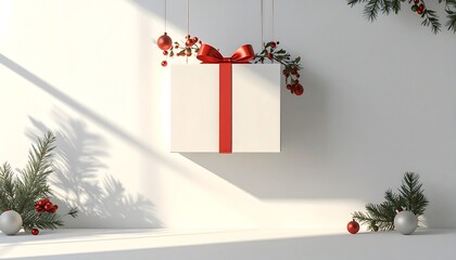 Gift hangs in sunlit room with evergreens. A red bow & berries adds a festive touch to the room