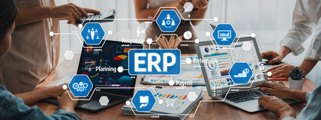 Panorama shot analyst team utilizing BI Fintech to analyze financial report with laptop. Businesspeople analyzing BI power dashboard displayed on laptop screen for business insight. Scrutinize Amity