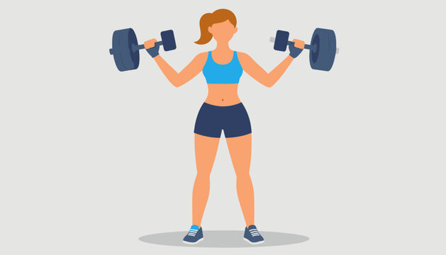 Illustration of a woman lifting dumbbells in a fitness pose. - Powered by Adobe