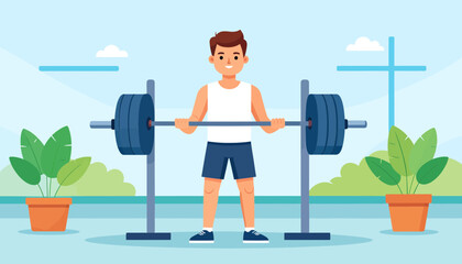 Man Lifting Weights in a Serene Outdoor Setting.