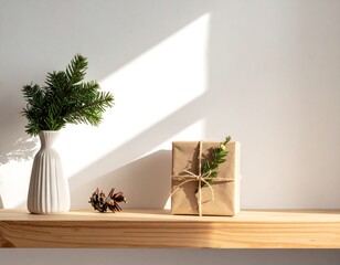 Gift, vase, pinecone on wood shelf by white wall, bathed in sunlight, creating geometric shadow shapes