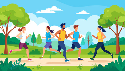 Group of people jogging together in a park on a sunny day.