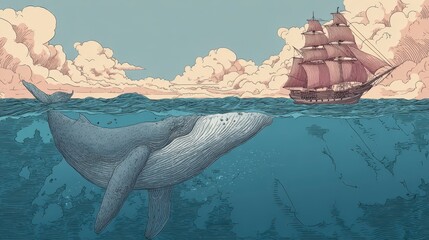 Illustration showcases a majestic blue whale partially submerged, alongside a sailing ship and cloud-filled sky. The ocean dominates the bottom