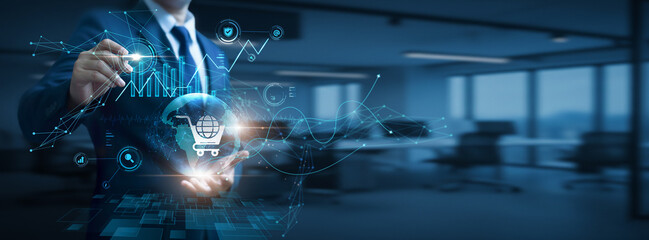 Businessman hand hold global e-commerce network and data, online retail platforms, digital sales channels, customer transactions, internet business solutions
