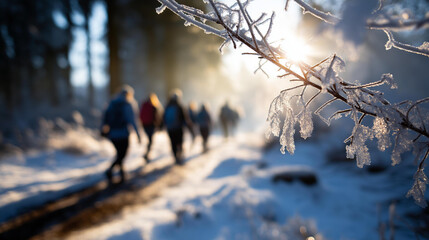 Faceless family of winter hikers walking through frosty forest heavily defocused background anonymous group in cold crisp air sunlight shining through snow covered branches