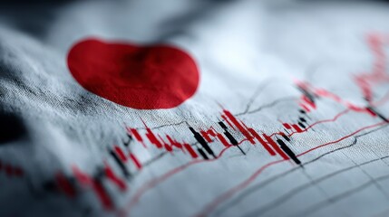 Japanese flag merged with a financial chart, symbolizing the nation's economy. The red circle is prominent with a blurred financial graph