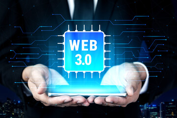 The hardware and processing technology behind Web 3.0. A concept of the computer chip and circuit board infrastructure that powers the new internet. Motif