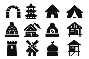 Obraz premium Traditional Architecture Icons. Solid style icons of Traditional Architecture: stone arch, wooden pagoda, thatched hut, desert