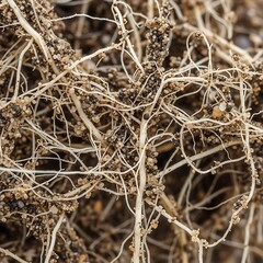 Close-up view of plant roots with numerous nitrogen-fixing nodules.
