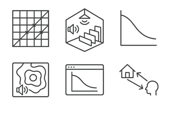 Acoustic Simulation Icons. Line style icons of Acoustic Simulation and Modeling: sound ray tracing grid, 3D acoustic model, reverb