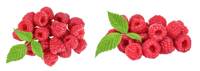 Ripe raspberries with leaf isolated on a white background. Top view. Flat lay