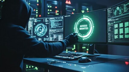 Person in the shadows hacking on multiple screens with complex data visualizations. Server room visible - Powered by Adobe