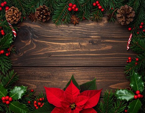 Christmas background with red poinsettia flowers, pine branches and cones on dark wooden texture