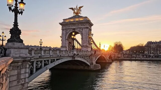 Sunrise Over Pont Alexandre III Bridge in Paris with Golden Statue