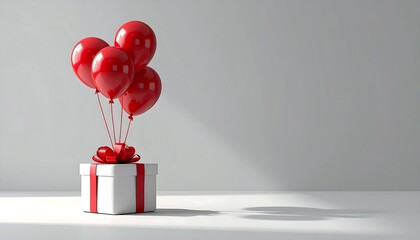 Gift with red balloons on a white floor