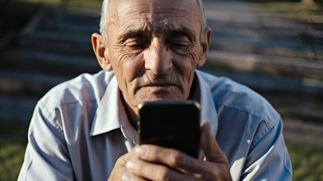 Elderly caucasian man with deep wrinkles making a call and texting on a smartphone. Senior citizen adapting to digital technology. Composite banner showing a sequence of use