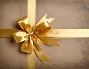 Gift wrapped in textured paper, a gold ribbon tied into a decorative bow