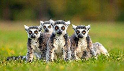 Four ring-tailed lemurs sit in grass with blurred greens background. Their orange eyes reflect light