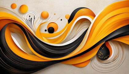 a vibrant abstract composition with flowing organic shapes in shades of yellow orange and black on a textured off white background