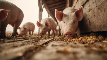 Several pigs are seen inside a rustic wooden structure. The close-up view presents details like their pink skin, snouts, and ears. The scene has dim lighting and a farm ambiance