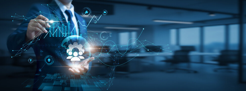 Businessman hand hold global Management network and data, organizational planning, resource optimization, corporate operations control, workflow strategy