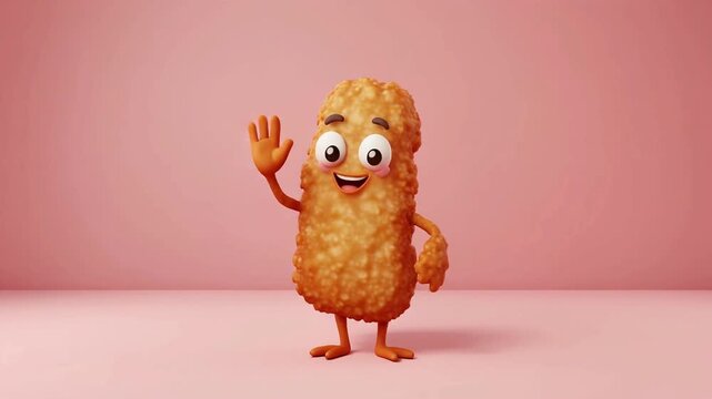 A cartoon chicken nugget character gently lifts a miniature chef hat in slow motion against a soft pink background