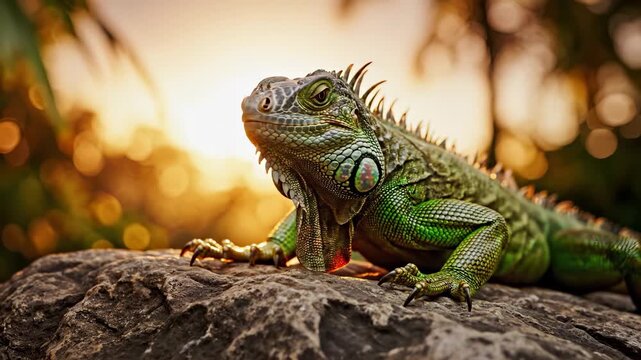 An iguana rests on a large rock as the sun sets, illuminating its vibrant green scales with a warm glow. The iguana and sunset create a serene atmosphere in this natural setting.