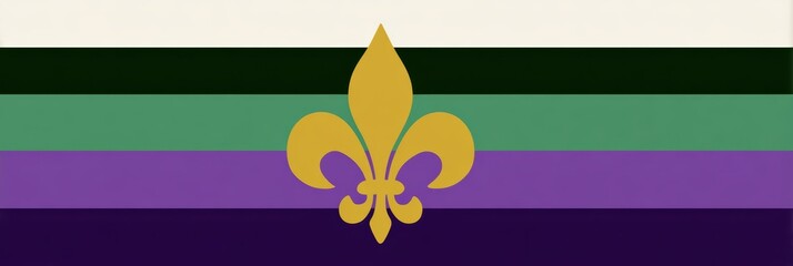 postcard design, postcard template with bold, thick stripes in purple, green, and gold at the bottom, and a centered gold fleur-de-lis icon flat white top for text