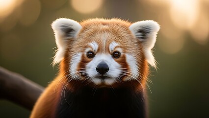 Adorable red panda face in a close-up portrait, soft fur, bright eyes, and white facial markings