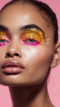 Female beauty portrait with a soft smile &ndash; gold and pink eyelashes &ndash; editorial fashion video