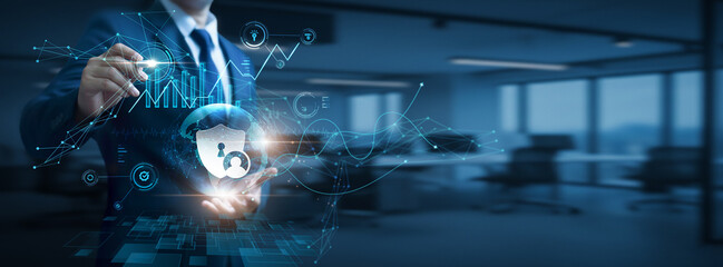 Businessman hand hold global privacy network and data, personal information protection, compliance systems, secure digital identity management