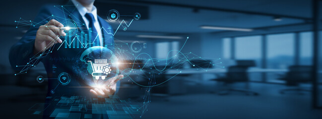 Businessman hand hold global Procurement Management network and data, supplier coordination, purchasing workflows, supply chain optimization