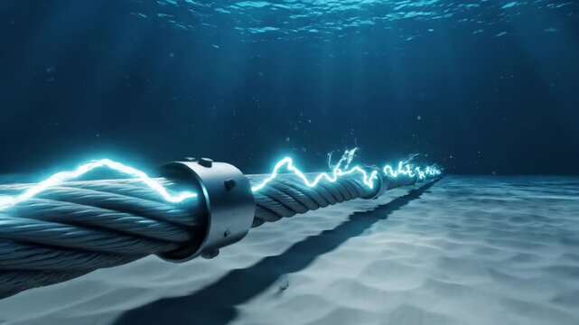 Electrical charges pulse and travel along a thick underwater cable on the seabed, illuminated by light from the surface. This imagery symbolizes deep sea energy, communication technology,