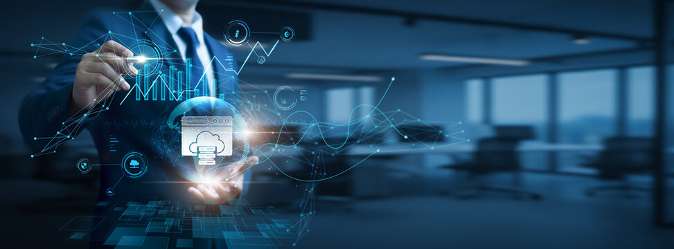 Businessman hand hold global web hosting network and data, server infrastructure, website storage services, cloud hosting technology