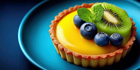 Fresh fruit tart with kiwi and blueberries on a blue plate