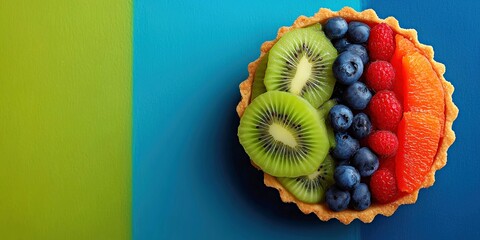 Top view of a fresh fruit tart on a split color background