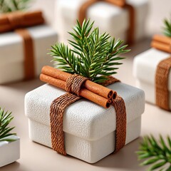 White textured gift box tied with a cinnamon stick and pine branch