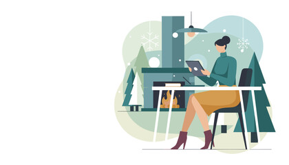 Woman working remotely on tablet by a cozy fireplace in winter Freelance connectivity and lifestyle