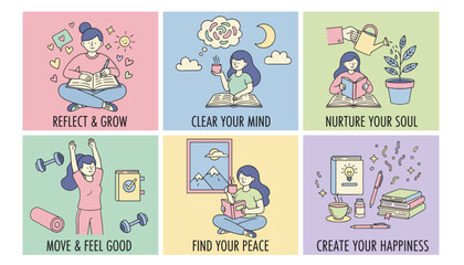 Fototapeta premium Vector illustration set outlining healthy selfcare and mental wellness practices reflection fitness reading and peace