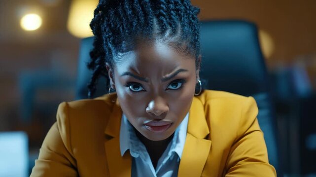 A serious-looking woman in a professional suit and tie, leaning forward with a stern expression, possibly indicating tension or confrontation in an office setting.